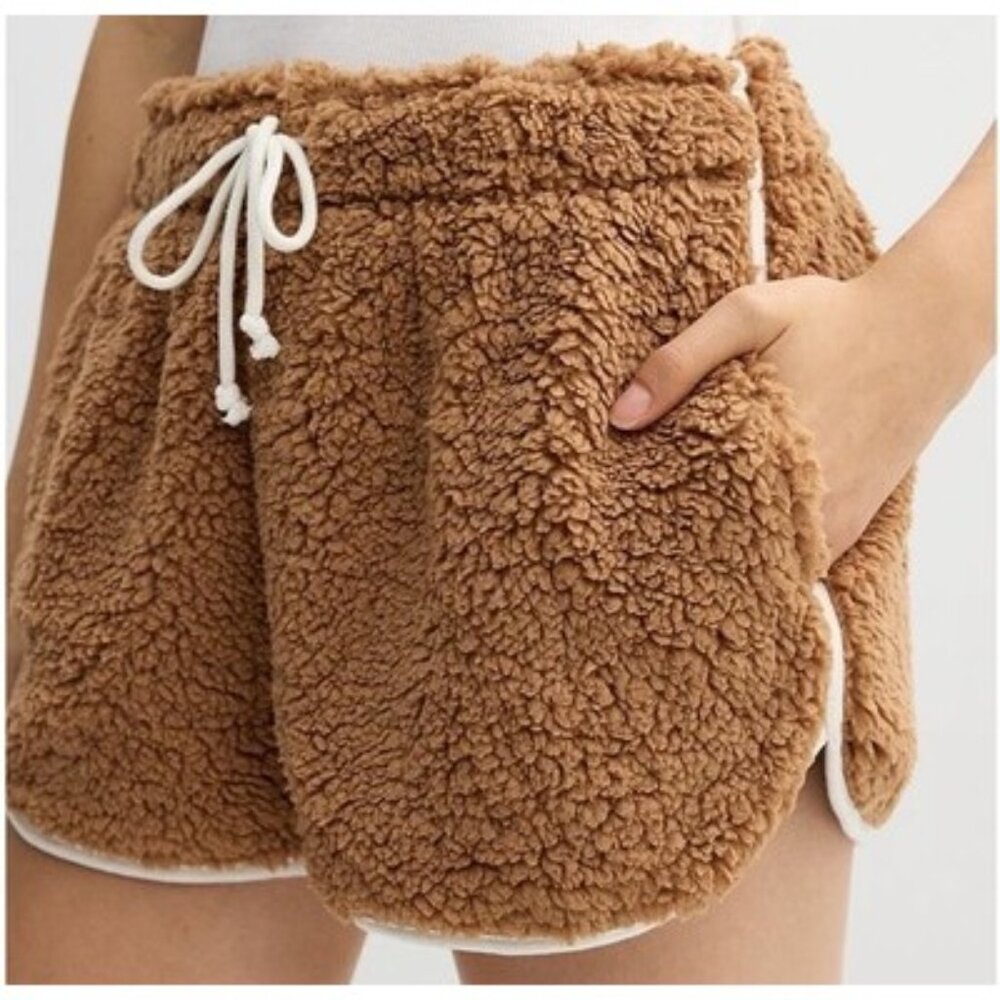 Madden Girl Sherpa Contrast-Tipping Dolphin Lounge Shorts Size XL Brown Plush